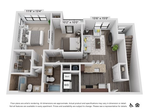 Floor plan for 2 beds, 2 baths, 991 sqft